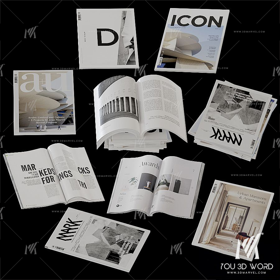 Collection of open and closed magazines